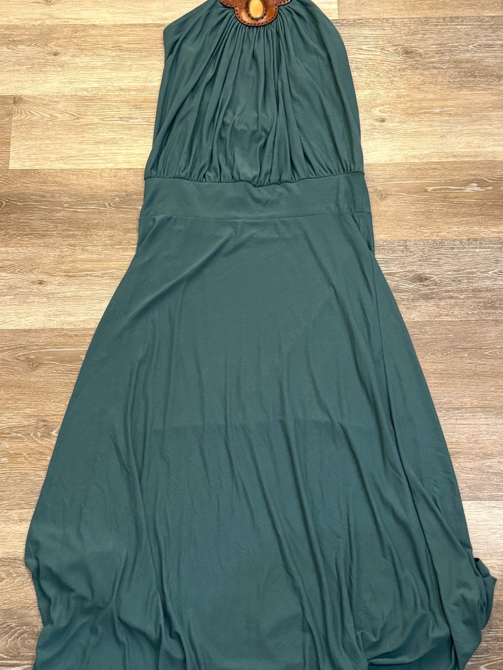 T-Bags Teal Halter Maxi Dress with Embellished leather Neckline